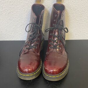 Dr. Martens 1460 Vegan 8-Eye boot in the Cherry Red Cambridge Rub Off color